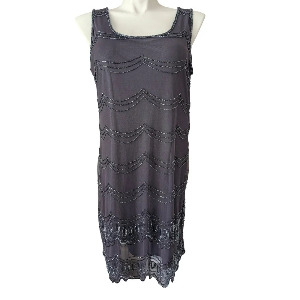 Vintage Art Deco Beaded Purple Mesh Midi Dress Bolero Set Rayon Cocktail Gatsby